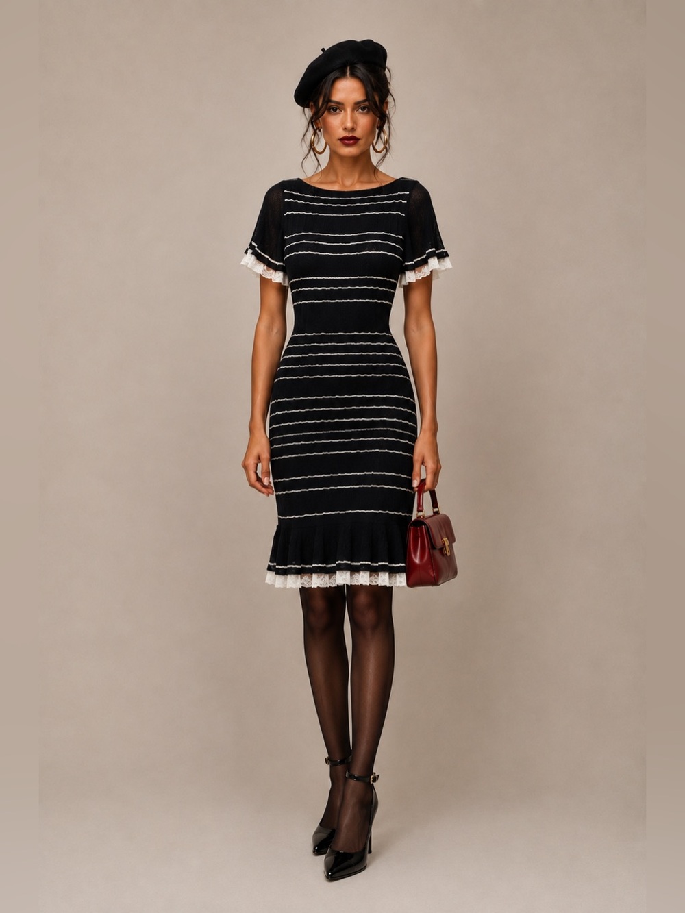 Sezane Striped Knee- Length Dress Parisian Romantic Chic Femme Fatale